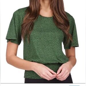Michael Kors Smocked Flutter Sleeve Stretch Waist Floral Green Print Top XL